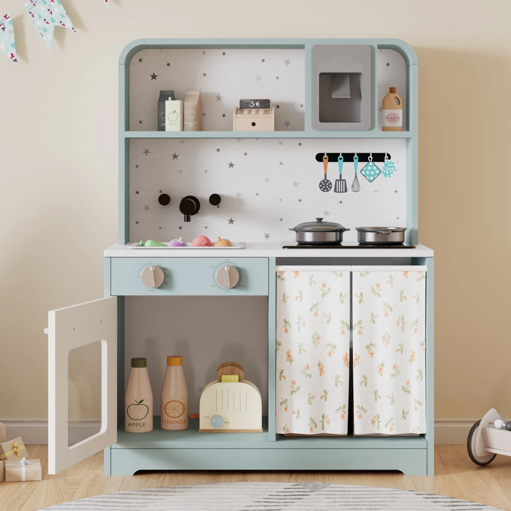 Cucina giocattolo per bambini con distributore di ghiaccio, microonde e accessori in MDF blu 29 × 60 × 81 cm