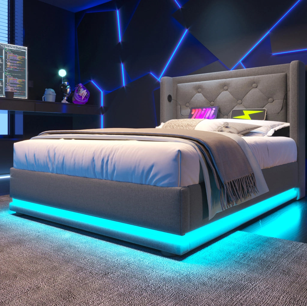 LETTO Contenitore 90x200 cm Grigio in cotone con materasso incluso, USB Tipo C e LED