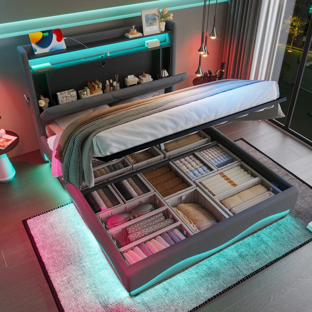 LETTO imbottito 160x200 cm in velluto grigio scuro con LED e porte USB/Type-C