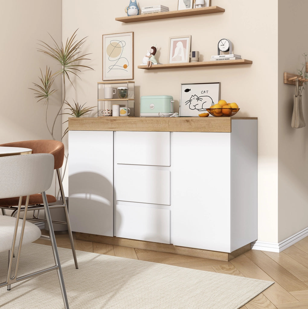 Cassettiera con 3 cassetti e 2 ante; bianco e rovere
