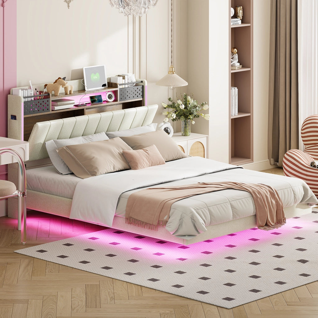 Letto 140 x 200 cm con testiera contenitore, LED e USB, 2 cassetti, lino beige, camera