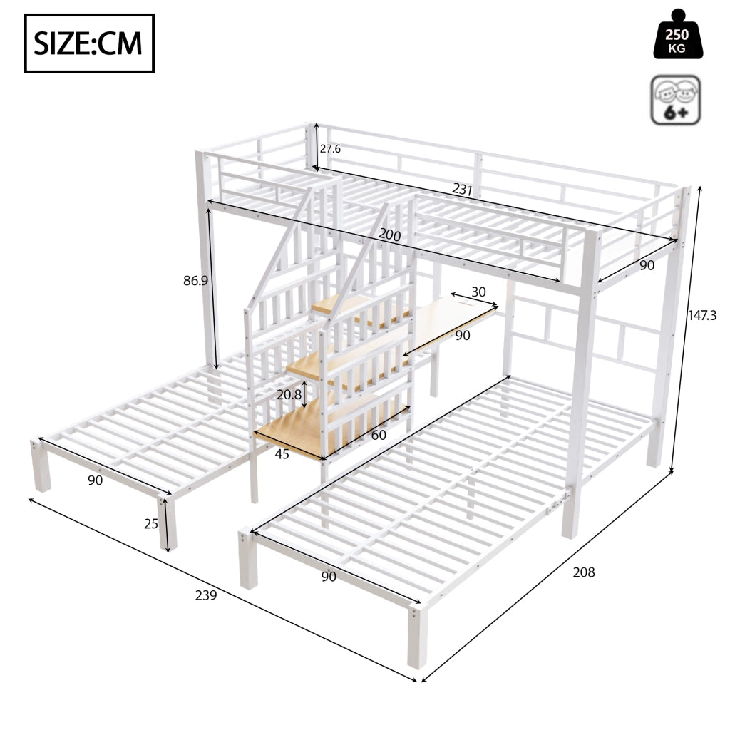Letto a castello triplo 90 × 200 cm con LED, scala contenitore, scrivania e prese USB