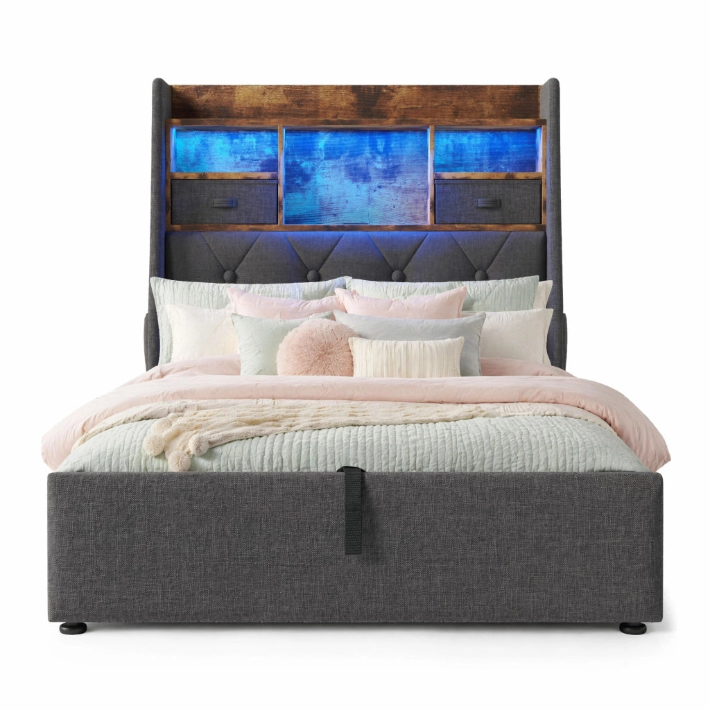 Letto imbottito 90x200 cm con contenitore idraulico, LED e prese USB Type-C, grigio