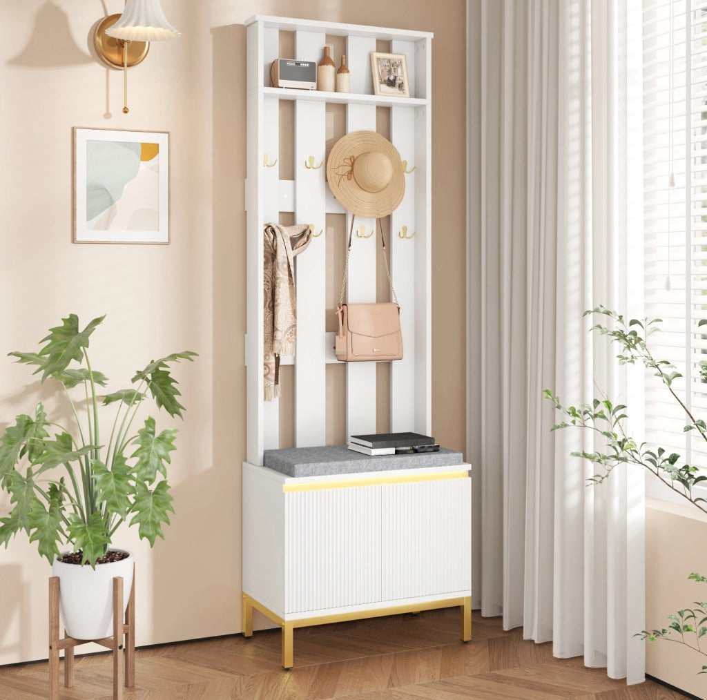Garderoba ingresso con scarpiera; panca imbottita; 8 ganci e LED; bianco