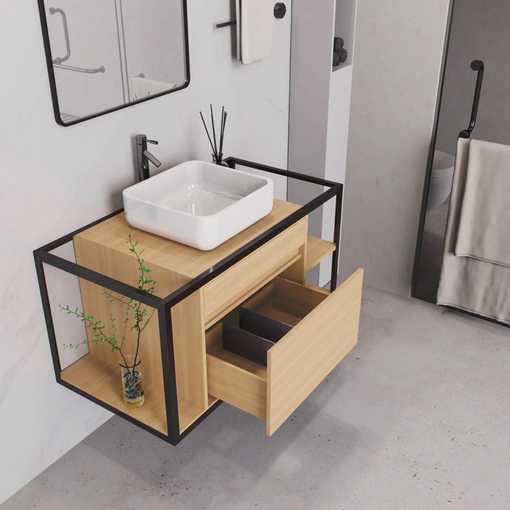 Mobile Bagno Sospeso 100 cm Lavabo e Specchio Berlin Rovere e Nero