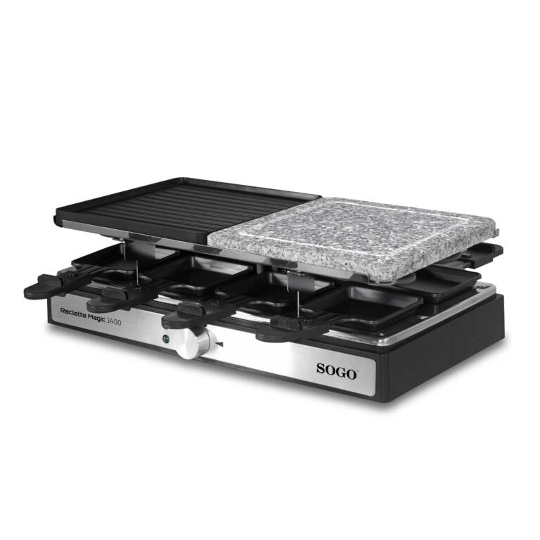 Raclette elettrica con grill e pietra, piastra 42x21 cm 8 persone, termostato regolabile 1400W per carne e formaggio - Sogo