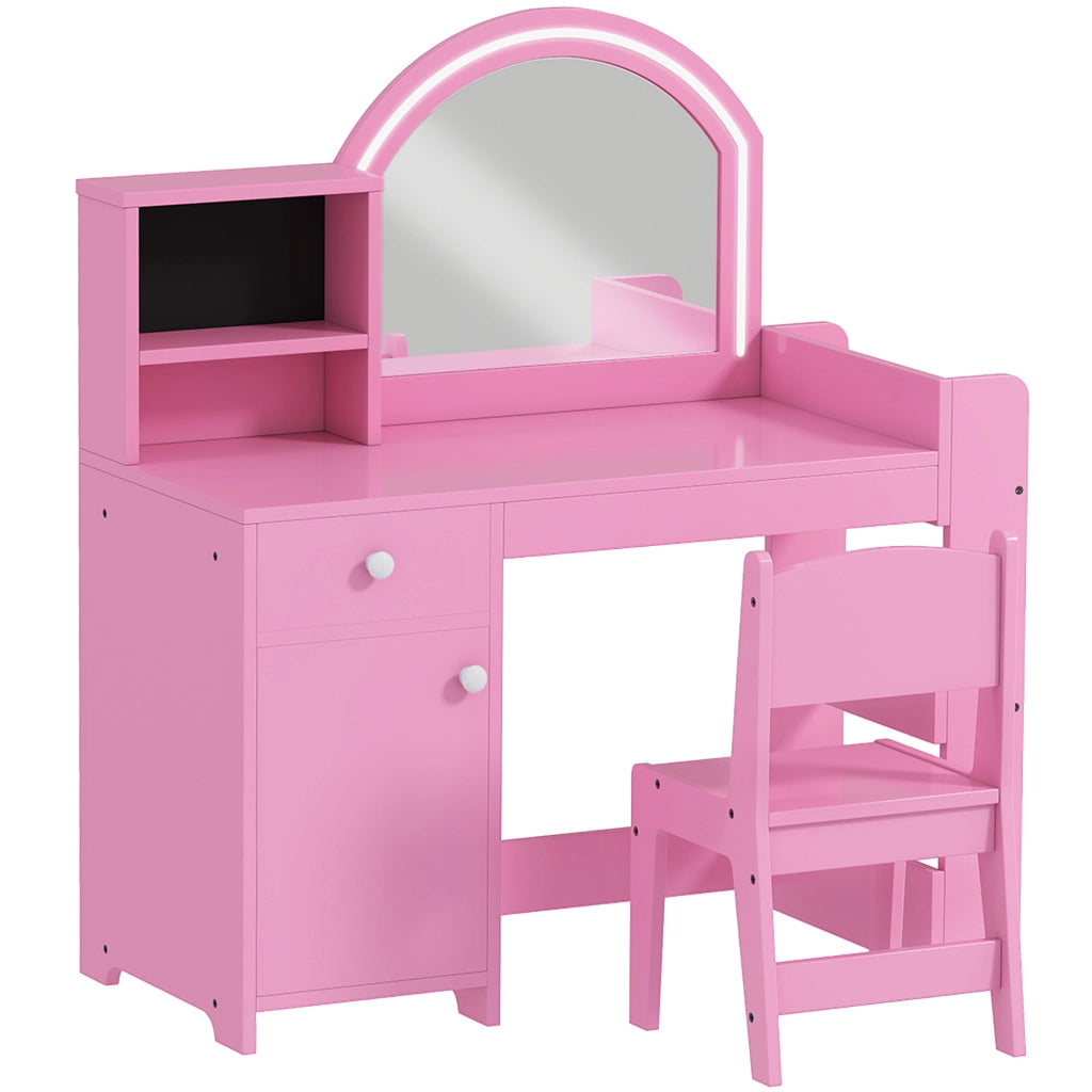 Set toeletta trucco per bambini con specchio, sedia, scaffali e libreria ¨C Minimal ¨C rosa