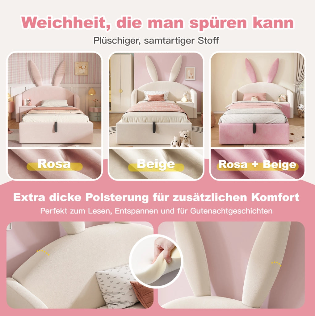 LETTO 90x190 cm per bambini in velluto beige con contenitore e comodino