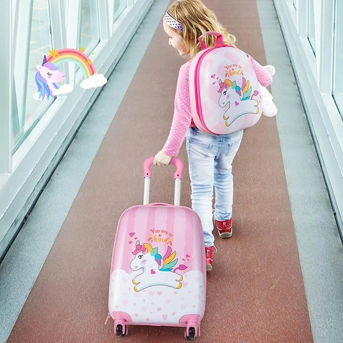 Set di Valigia per Bambini, 16" Valigia+ 12" Zaino, 2 Pezzi, con Ruote Girevoli a 360° e Maniglia Retrattile, Ideale per Viaggiare in Modo Comodo e Divertente (Modello 2)