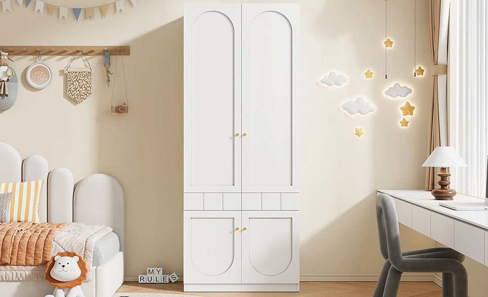 Armadio bianco da 80x50x200 cm con 2 ante, appendiabiti e cassetti a pressione, set da 2 pezzi