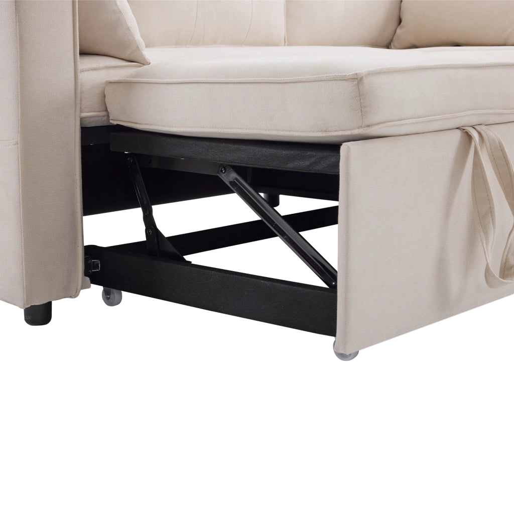 Divano letto angolare beige con contenitore, portabicchieri e cuscini decorativi