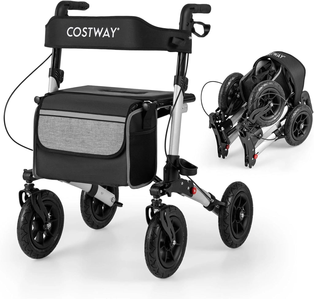 Deambulatore Pieghevole per Anziani in Alluminio, Rollator Regolabile in Altezza con Seduta, Schienale e Freni, Girello per Anziani con Borsetta, Carico Massimo 140 kg (Argento)