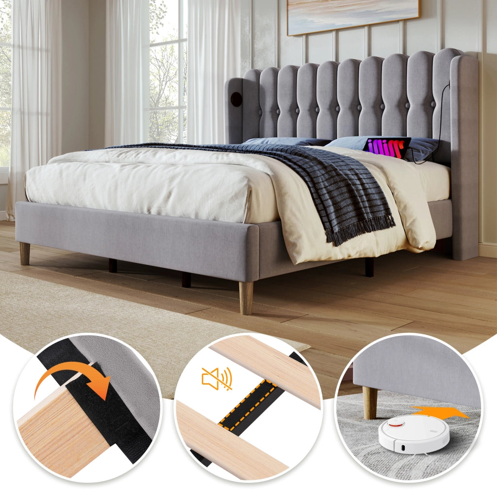 LETTO Matrimoniale 140x200 cm in lino grigio con USB e Type-C