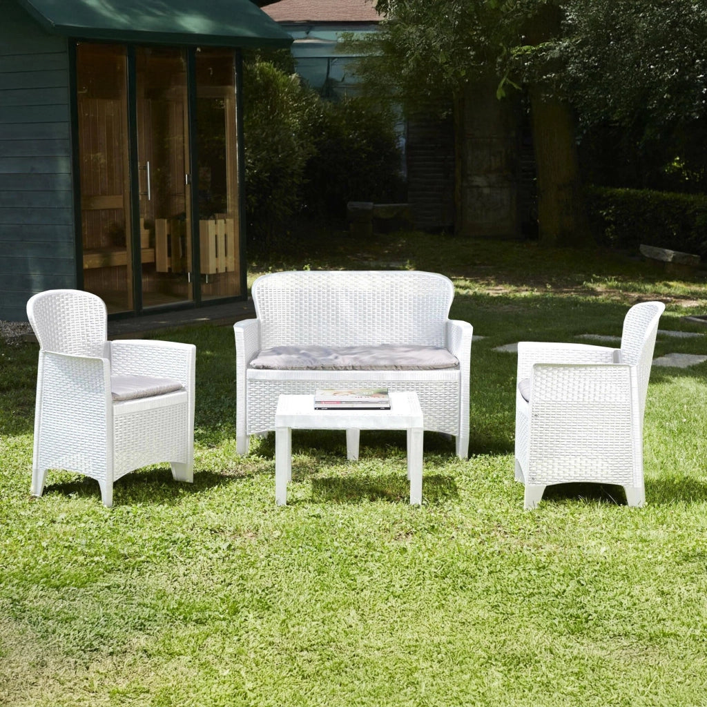 Set salotto da esterno Debois, Set da giardino con 2 poltrone, 1 divano ed 1 tavolino, Salottino effetto rattan con cuscini, 100% Made in Italy, Bianco