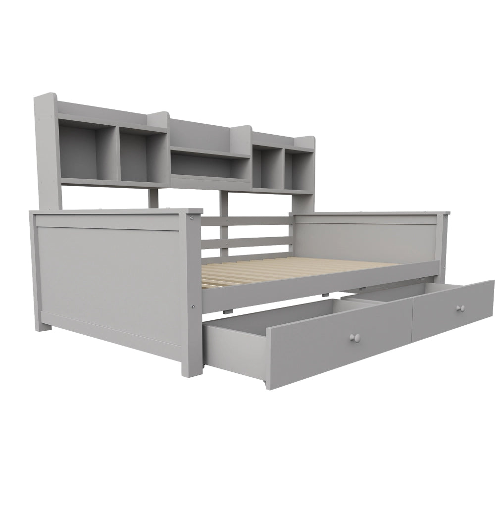 Letto divano singolo 90x200 cm con cassetti e ripiani grigio