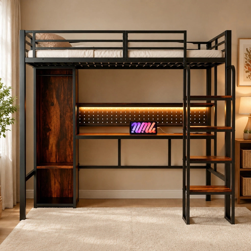 Letto a soppalco multifunzionale 90x200 cm con armadio; scrivania e LED; metallo e MDF