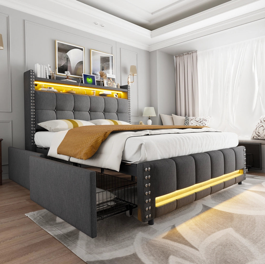 Letto matrimoniale imbottito 160x200 cm grigio con LED; USB; ripiani e 4 cassetti