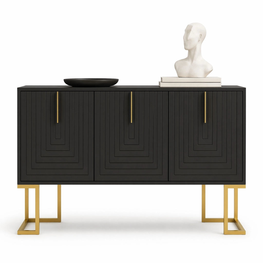 Credenza moderna a 3 ante con ripiani regolabili e base in metallo; MDF nero