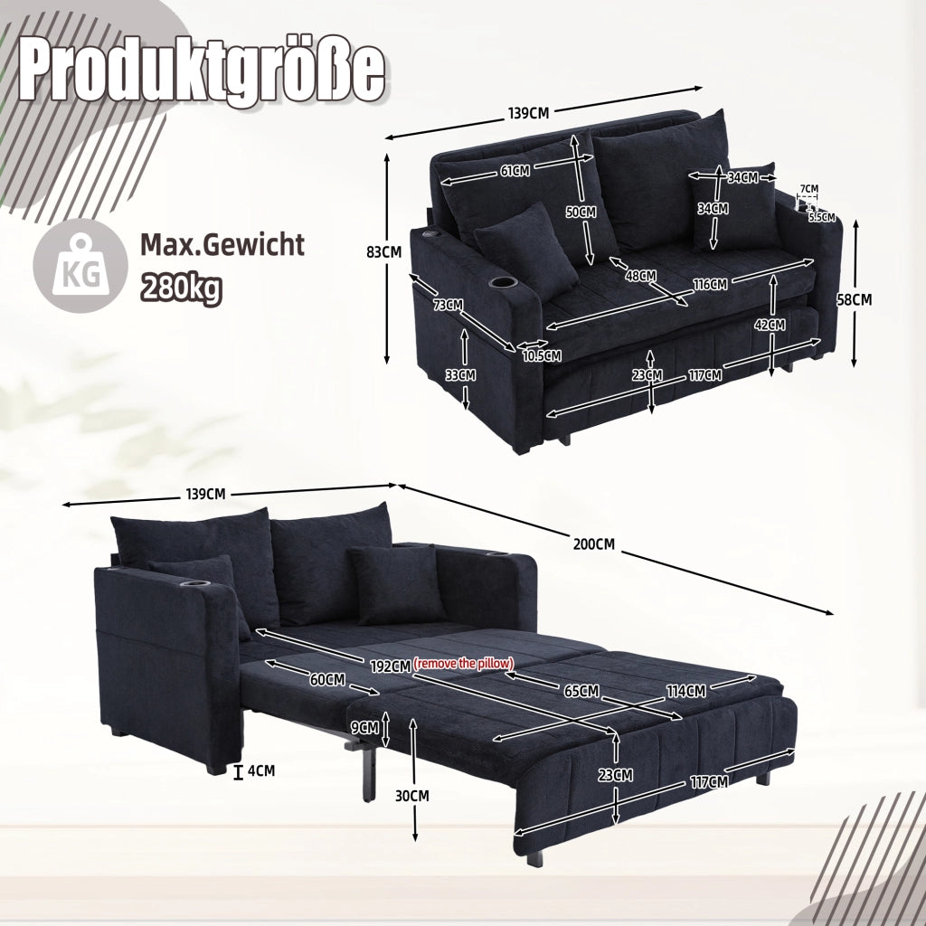 Divano letto 2 posti 139 cm, 4 cuscini, tasche contenitore, ciniglia nera, USB