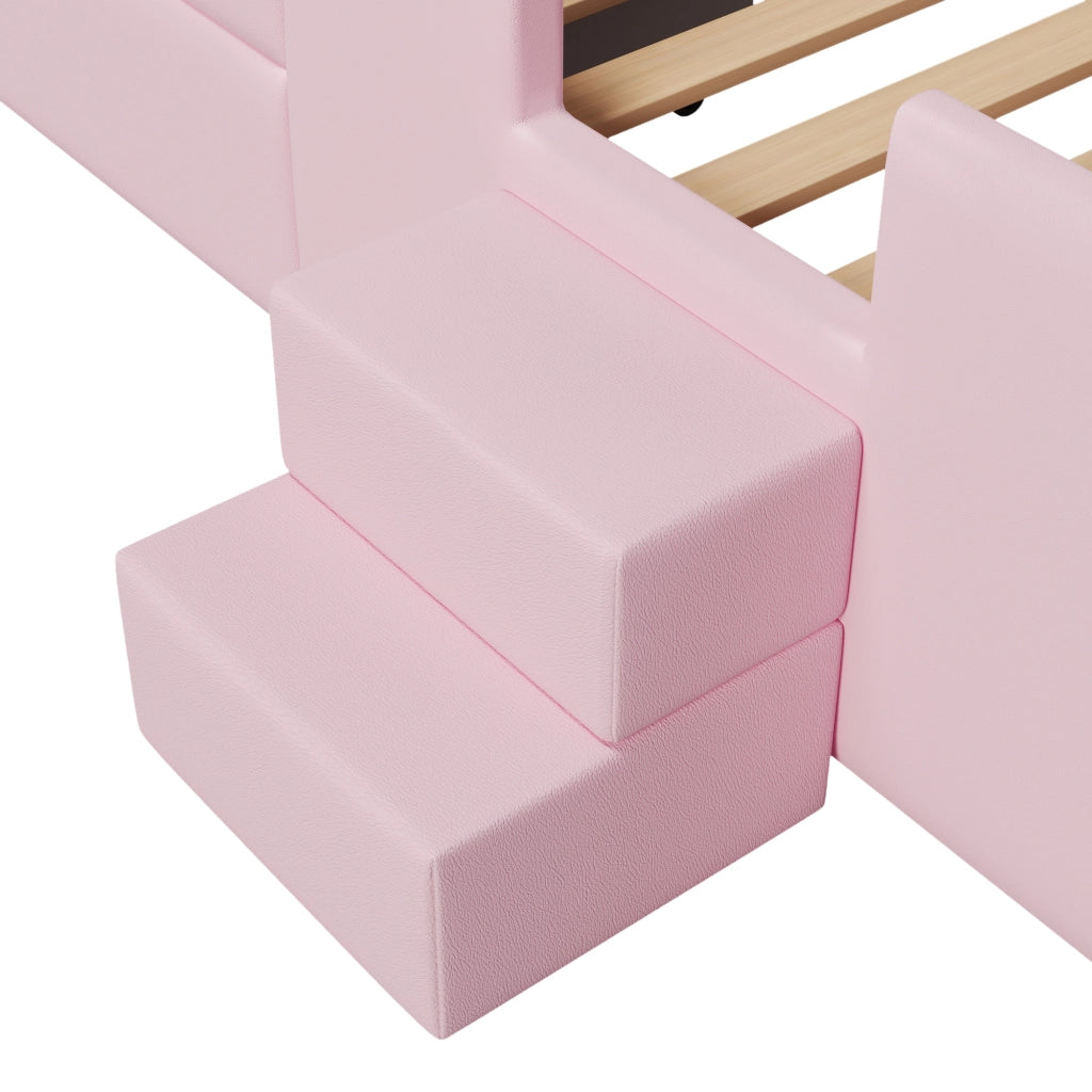 Letto con cassetti 90 × 200 cm imbottito con scala e LED in PU e MDF rosa