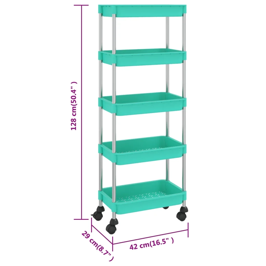 Carrello da Cucina 5 Ripiani-Scaffale per Cucina Turchese 42x29x128 cm Ferro e ABS