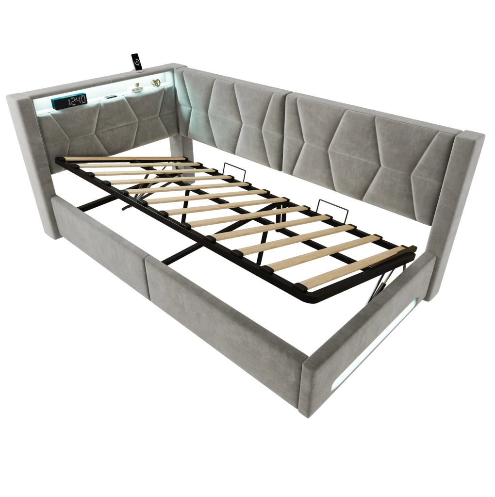 Letto imbottito 90x200 cm con contenitore, LED, USB e Type-C, velluto grigio scuro