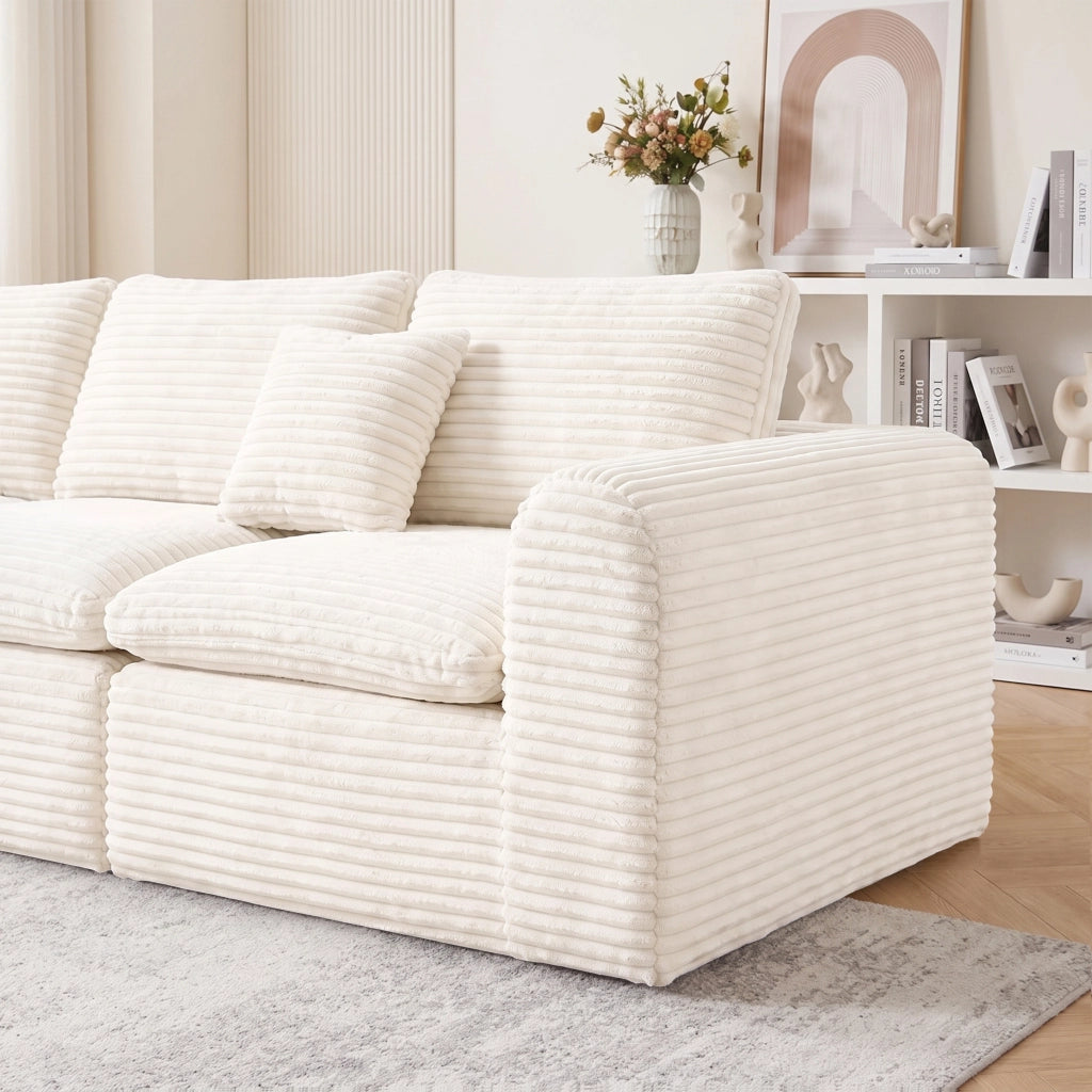 Divano d'angolo 3 posti 280 x 180 cm, 3 moduli, velluto a coste beige, schiuma e molle