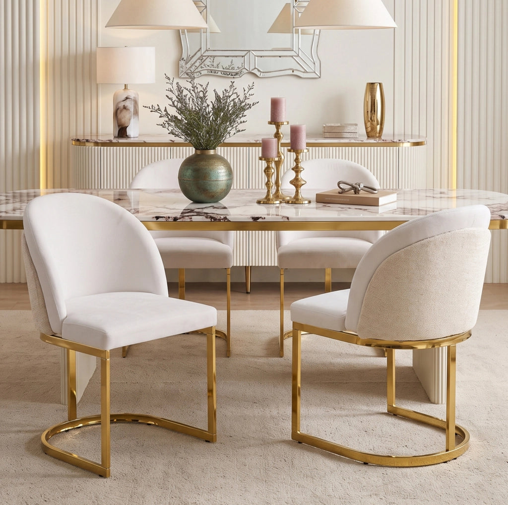 2 sedie da pranzo in Chenille beige e oro, schienale doppio, gambe in metallo galvanizzato, design moderno