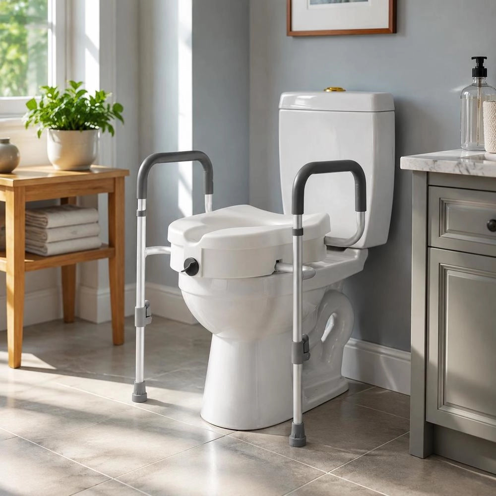 Raised Toilet Seat With Arms, 127 Mm Lift Height, Adjustable Width, Aluminum Frame HDPE Seat, 159 Kg Capacity, Elevated Commode Riser For Seniors And Adults