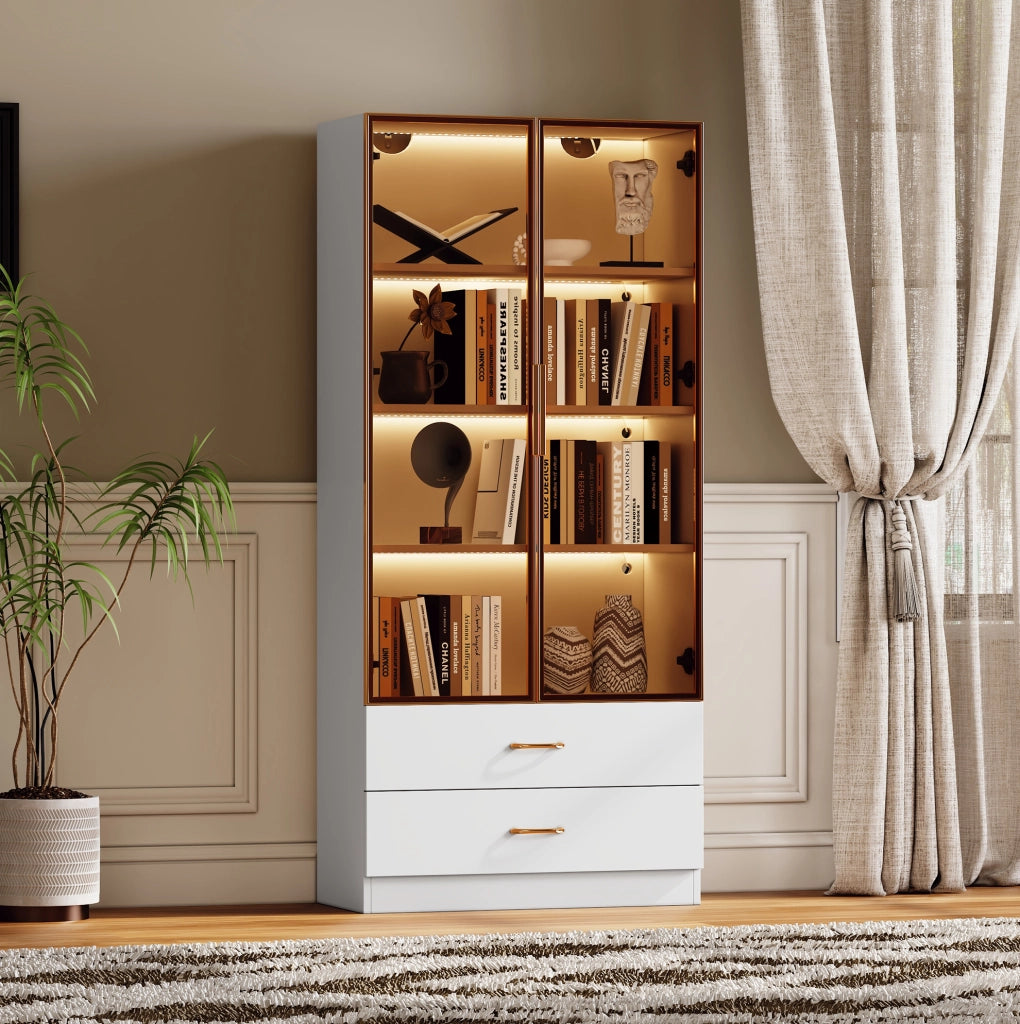 Mobile bagno alto in MDF bianco con ripiani aperti e vetro temperato
