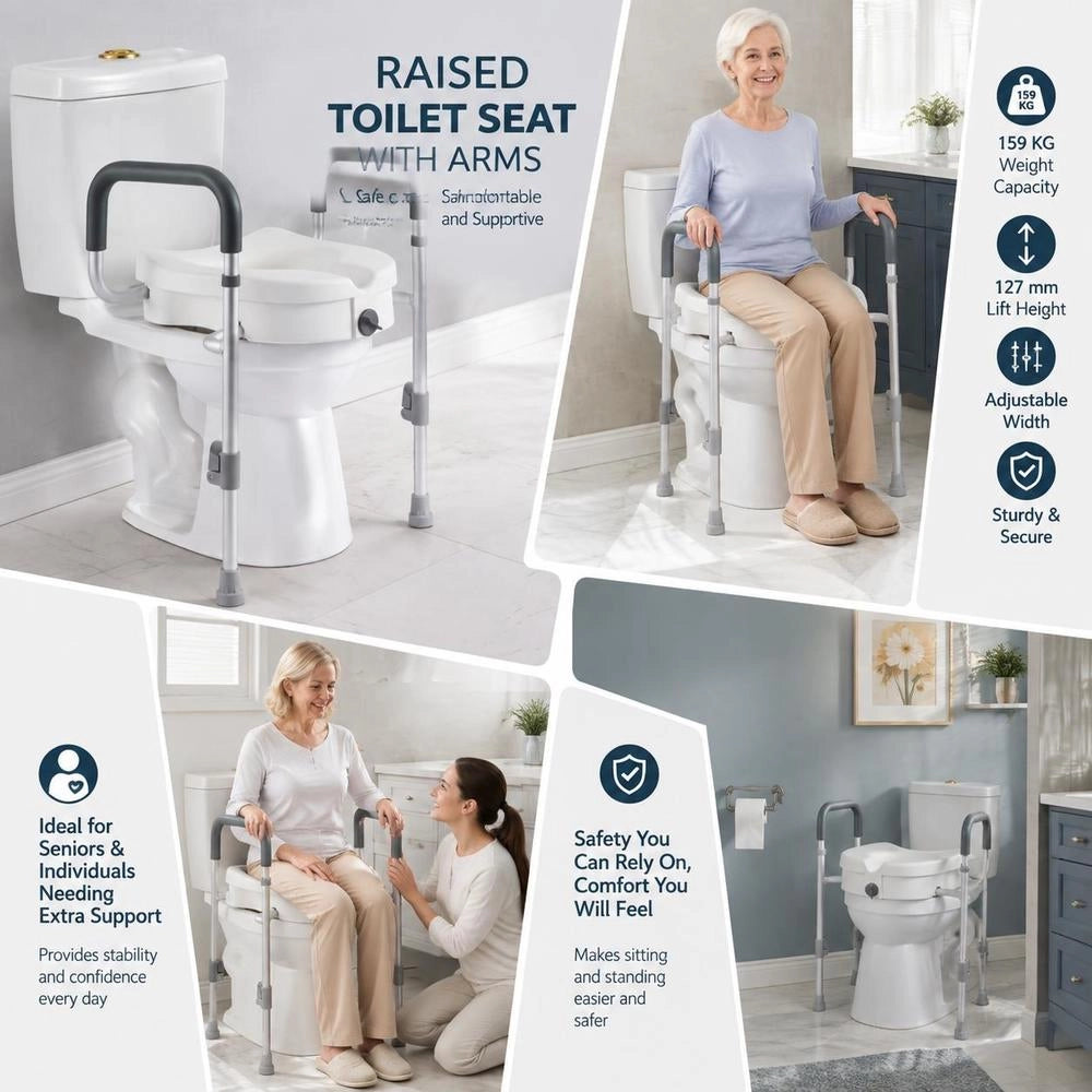 Raised Toilet Seat With Arms, 127 Mm Lift Height, Adjustable Width, Aluminum Frame HDPE Seat, 159 Kg Capacity, Elevated Commode Riser For Seniors And Adults