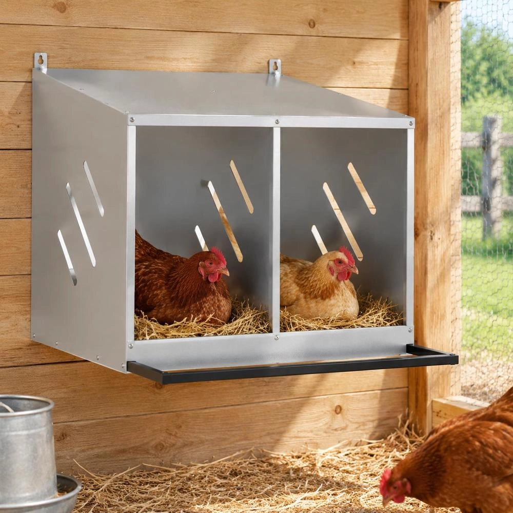 Chicken Nesting Box With 2 Compartments, Galvanized Silver Metal