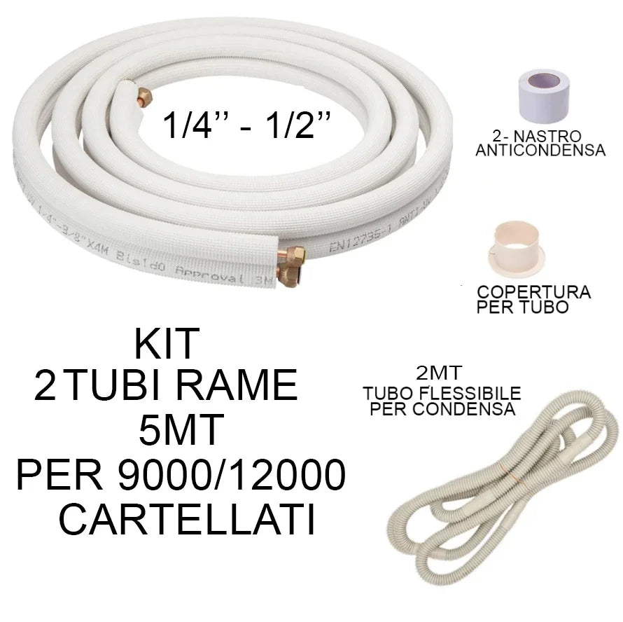 KIT tubi rame 5 Mt Cartellati montaggio climatizzatore 9000/12000  1/4 - 1/2  raccordi tubo condensa condizionatore