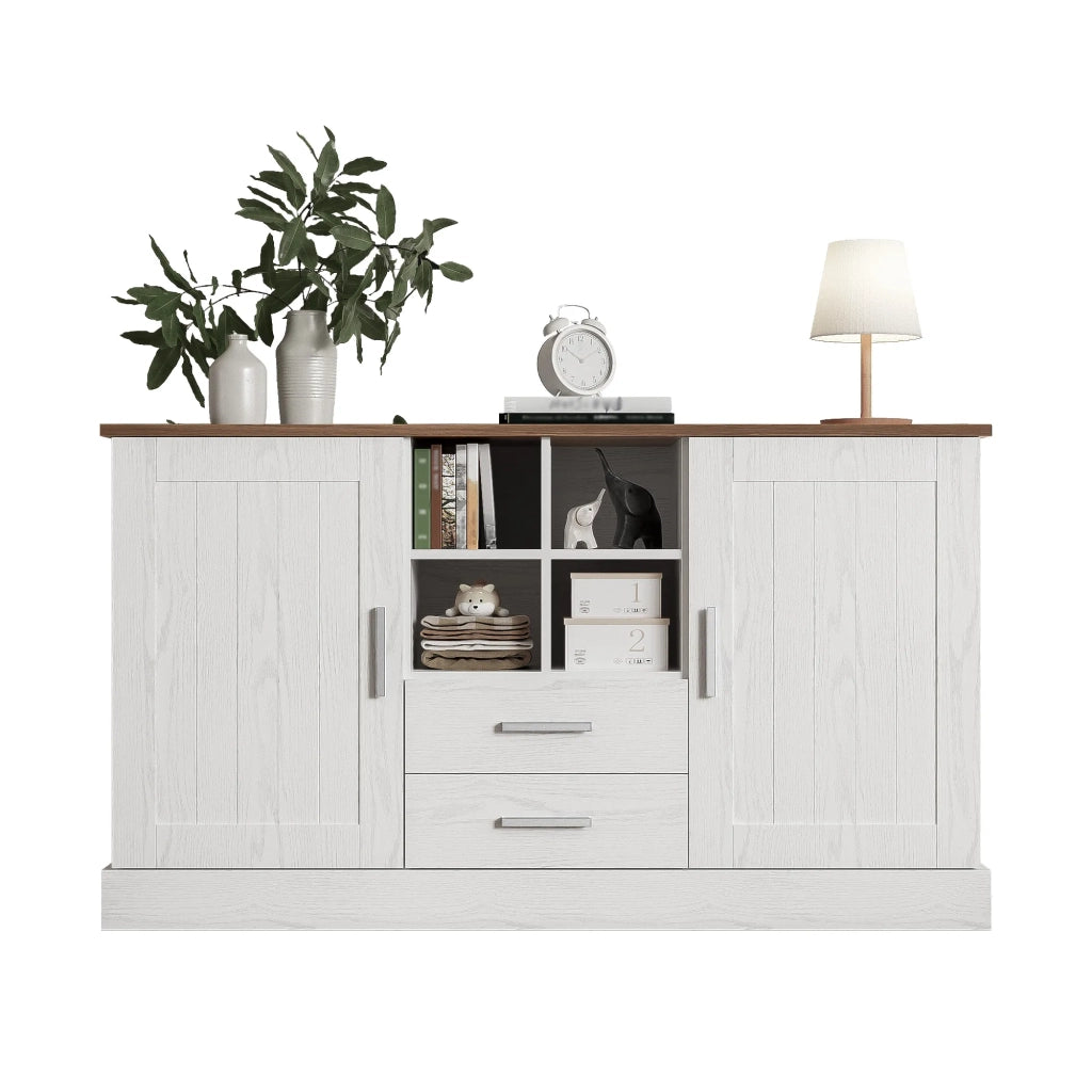 Sideboard 140x40x79,5 cm, legno bianco e marrone, 2 ante, 2 cassetti
