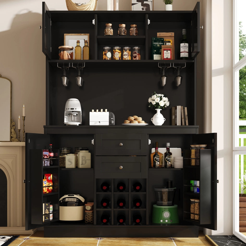 Credenza da cucina con 4 ante, 2 cassetti e ripiani regolabili, vano aperto e portabottiglie, per cucina e soggiorno, nero, 120 × 40 × 188 cm