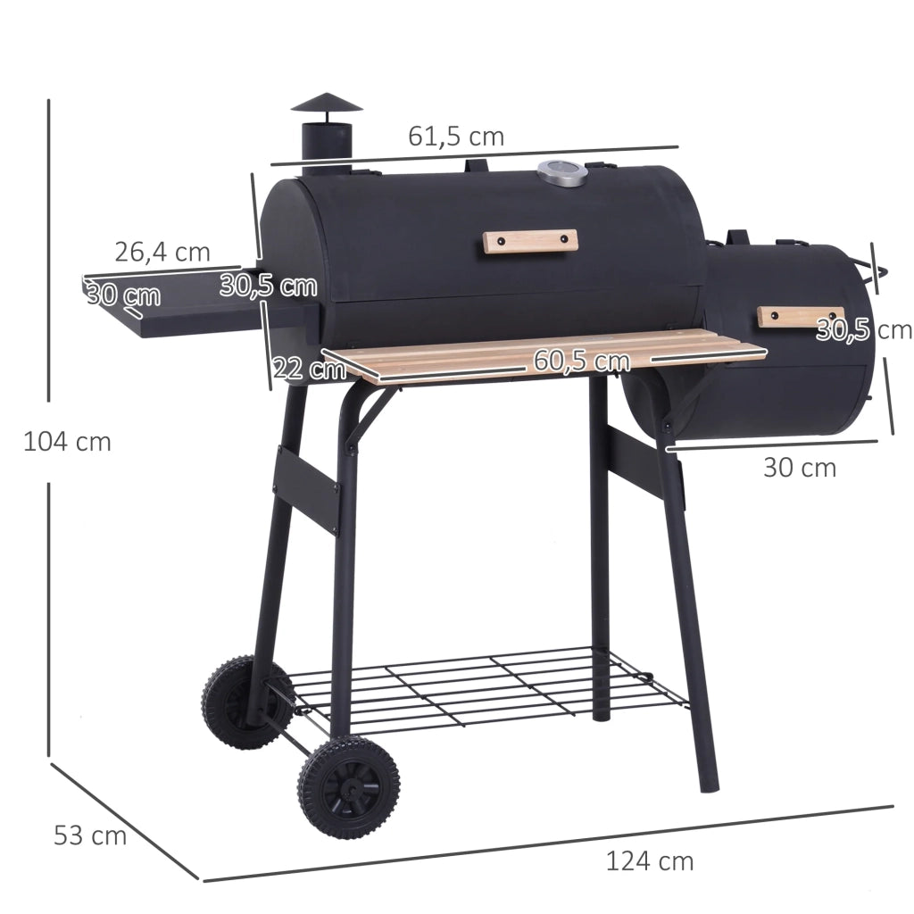 Barbecue a carbone affumicatore a piantana 124 x 53 x 108 cm termometro integrato ruote pratiche industriale in acciaio nero 21_0004388