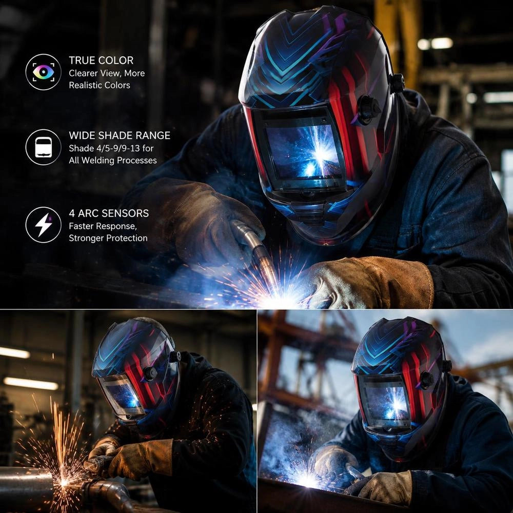 Automatic Welding Helmet, True Color, 100 X 80 Mm, Solar-powered Welding Mask With 4 Arc Sensors, DIN 4/5-9/9-13 For TIG, MIG & ARC Welding, Cutting, Grinding – METIS Series