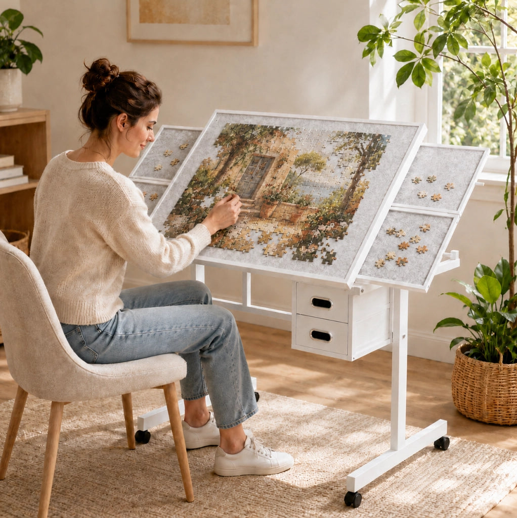 Tavolo per puzzle mobile 90x60x80 cm in MDF e metallo bianco con cassetti –
