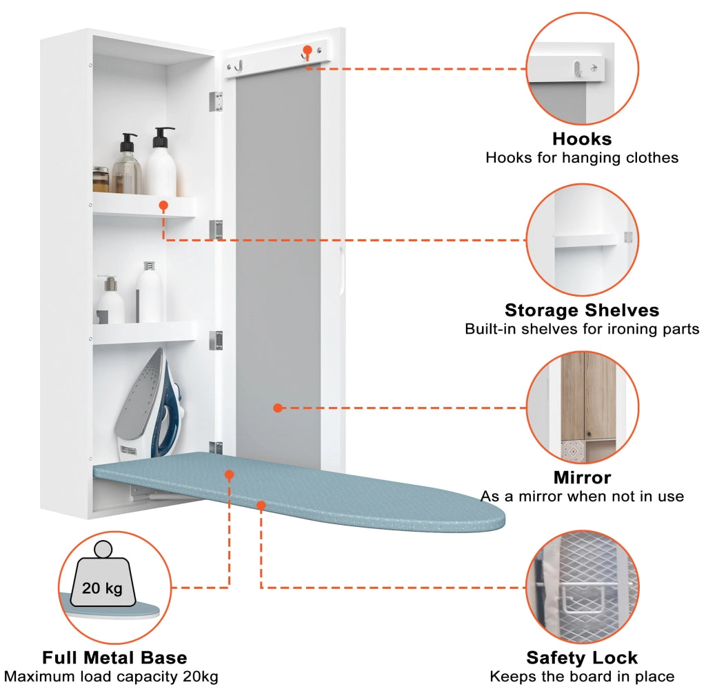 Mobiletto da parete con asse da stiro pieghevole e specchio, bianco in MDF
