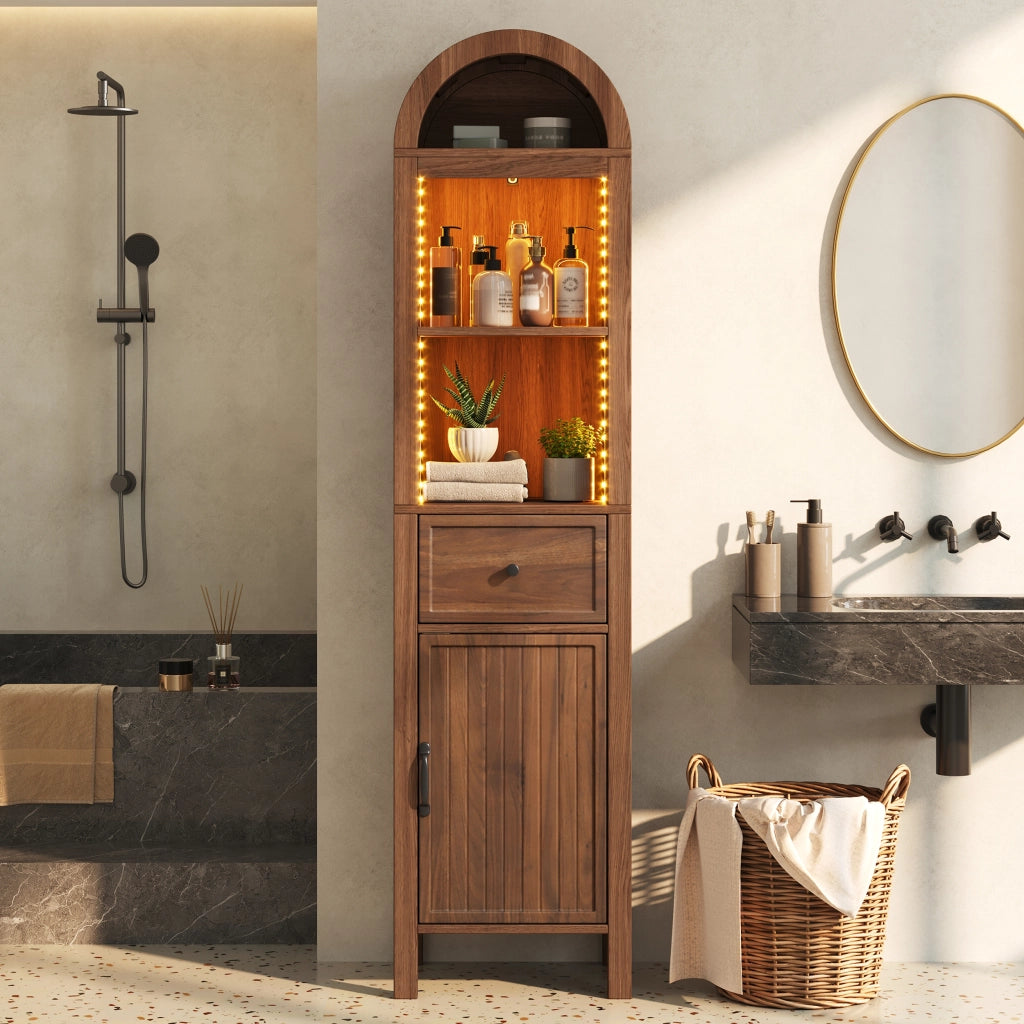 Mobile a colonna bagno alto 163 cm color noce con illuminazione led e cassetto