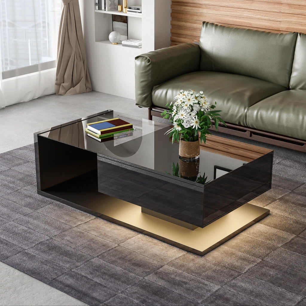 Tavolino da salotto moderno 105x55x32;5 cm in truciolare nero lucido con LED