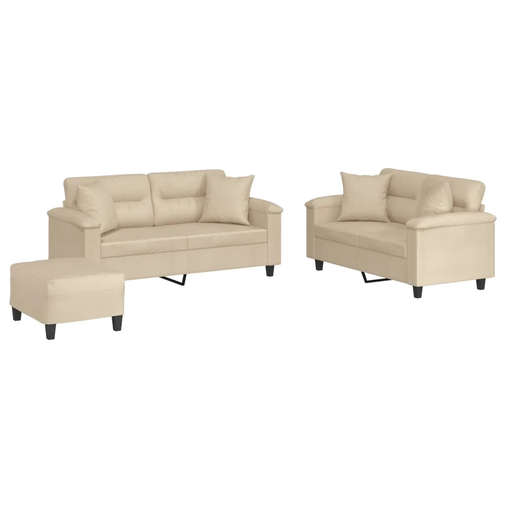 Set Divani 3 pz con Cuscini Crema in Tessuto Microfibra