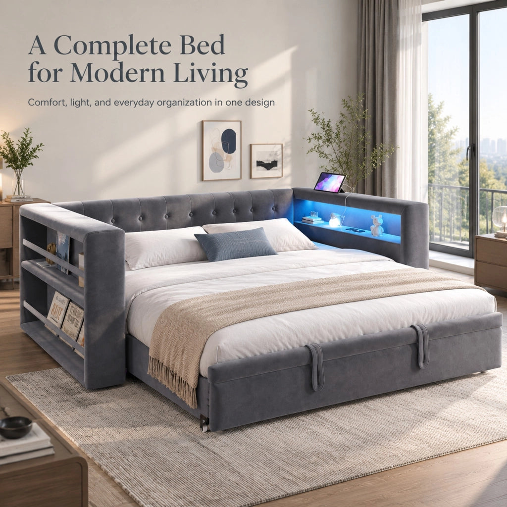 Divano letto 180 × 190 cm con LED multicolore presa integrata vani nei braccioli in flanella grigio scuro