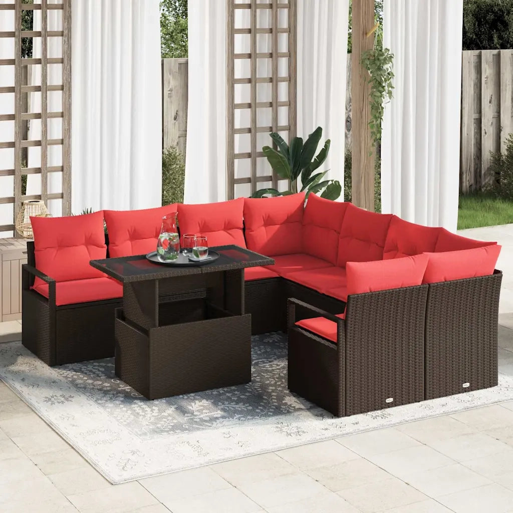Set Divano da Giardino 9 pcs Marrone e Rosso polyrattan 3348800