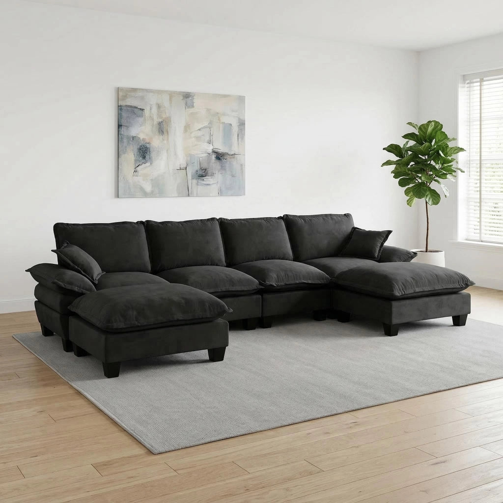 4 Sedile Divano panoramico modulare con pouf mobile 2; divano a U in stile cloud; braccioli arrotondati e ciniglia nero