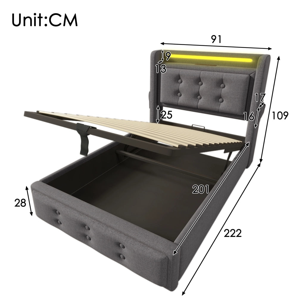 LETTO 90x200 cm con testiera LED e USB, cotone-lino grigio, materasso incluso
