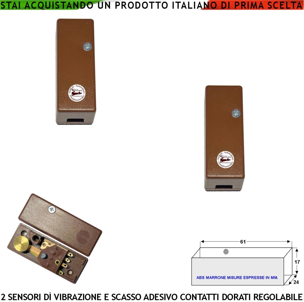 Rilevatore di Vibrazioni Continue e Scasso Due Pezzi Per Antifurto Via Filo Su Inferriate Porte Infissi Vetrate Martelletto Regolabile Contatto Allarme NC Tamper Contenitore Adesivo ABS Marrone IP30