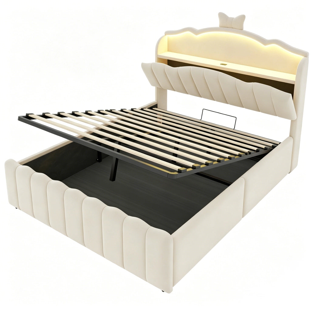 Letto imbottito 140x200 cm con vano contenitore idraulico; LED multicolore; USB e USB-C; velluto beige
