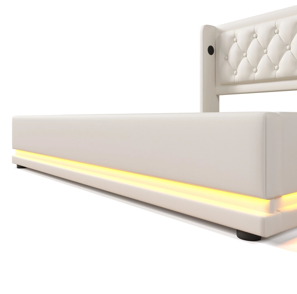 Letto contenitore imbottito 160x200 cm in PU bianco con LED e USB Type-C