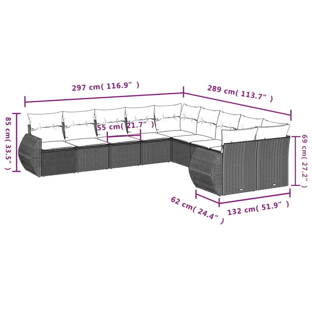 Set Divano da Giardino 10 pz con Cuscini Grigio in Polyrattan 3221909